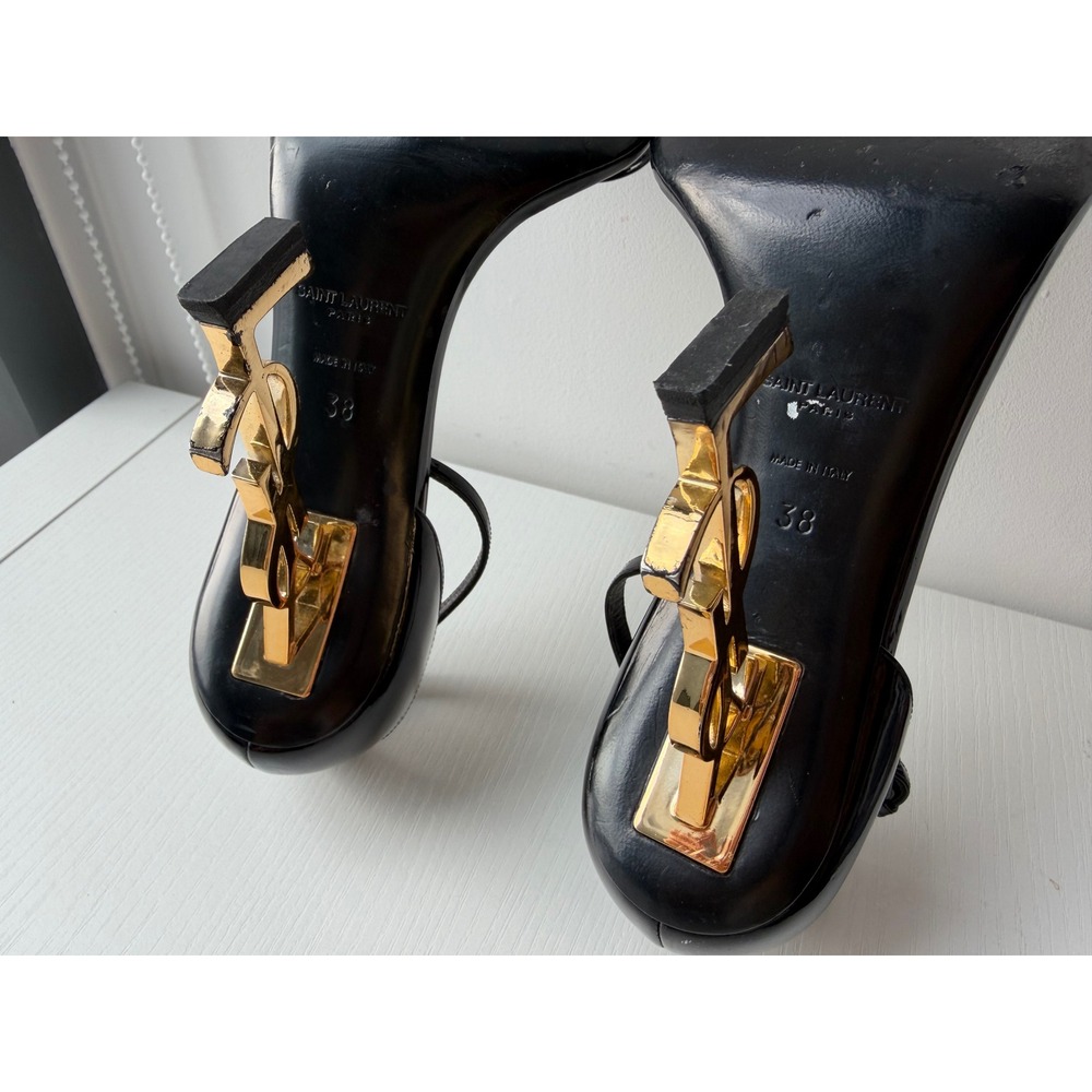 Saint Laurent Opyum Black Patent Leather YSL Gold Monogram Heel Sandals Size 38 - Picture 7 of 12